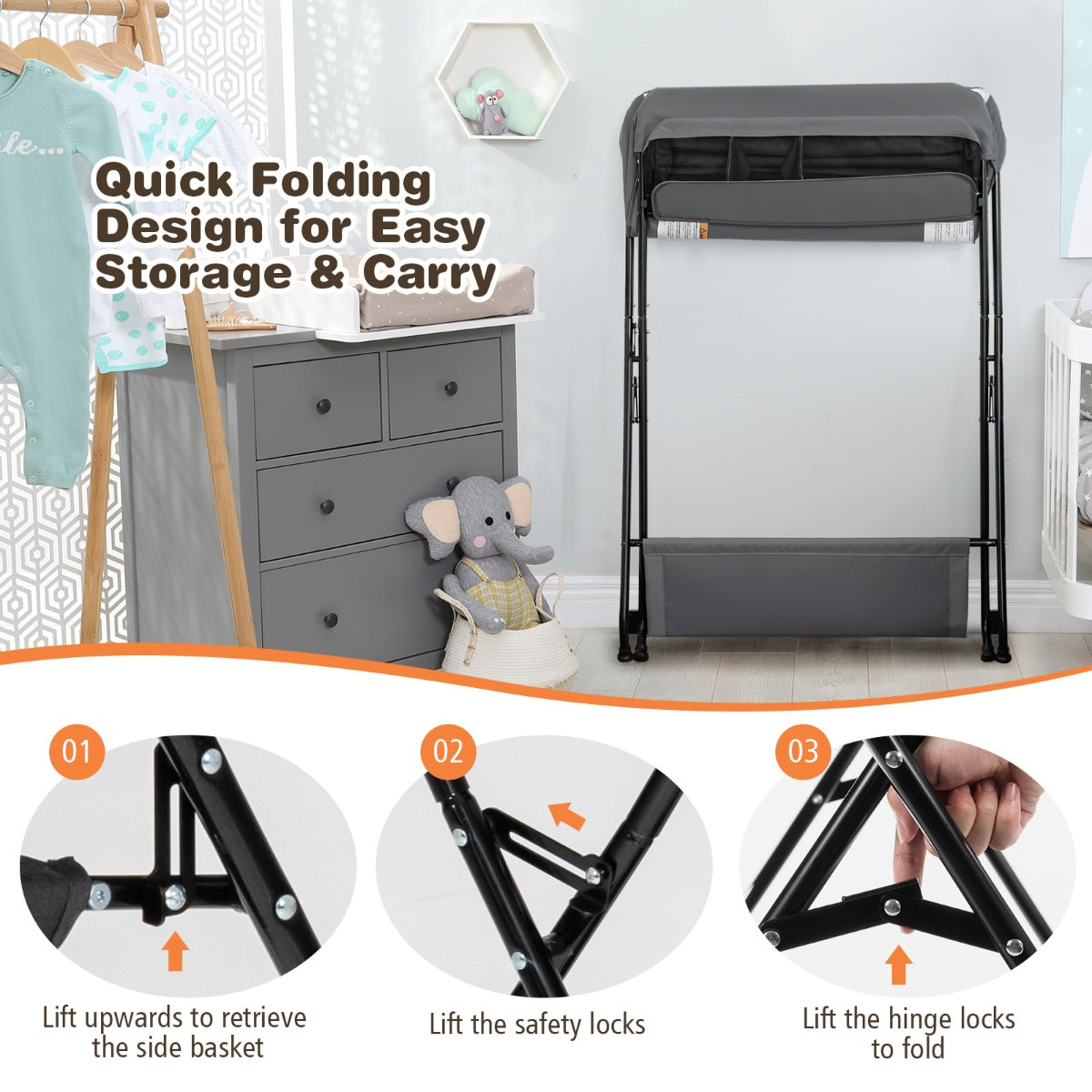 NNECW Folding Baby Change Table with Storage Basket &amp Shelf for Infant &amp Toddler-Grey